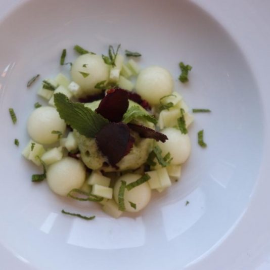 Restaurant El Pont 9 de Camprodon - Sopa de meló amb sorbet de menta fresca i pernil d’ànec